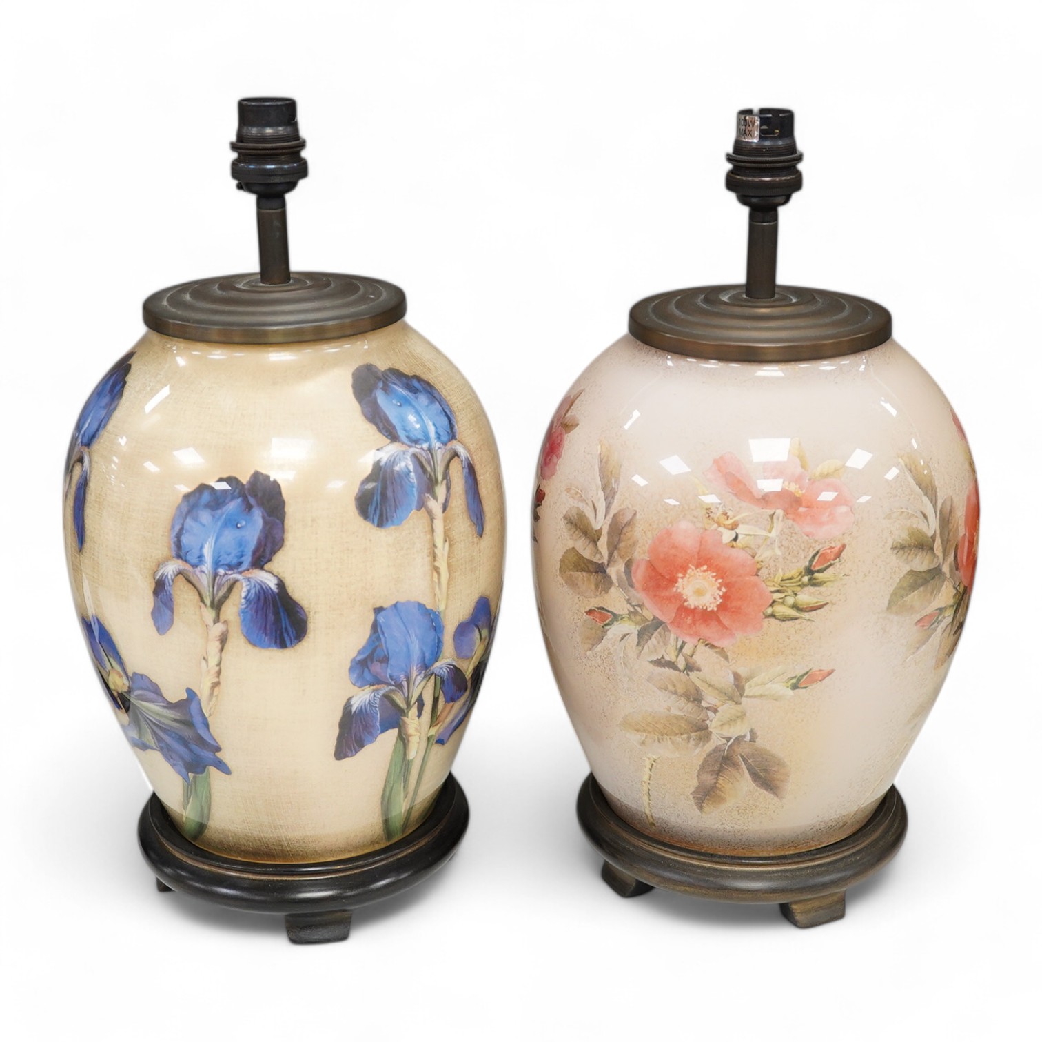 Two modern 'Decalcomania' table lamps, decorated with pink roses and blue irises, 37cm high including the fitting. Condition - good, untested